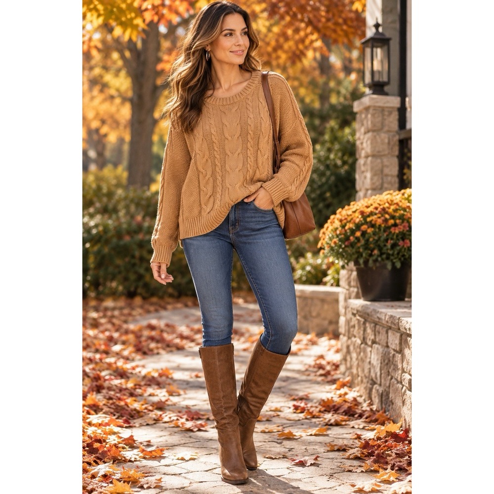 Gap Pullover Sweater Womens Sz XXL Camel Cable Knit 100% Cotton Fall Fisherman